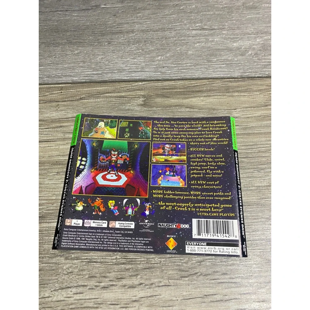 Crash Bandicoot 2 Cortex Strikes Back PS1 back art Greatest Hits SCUS-94154 Sony